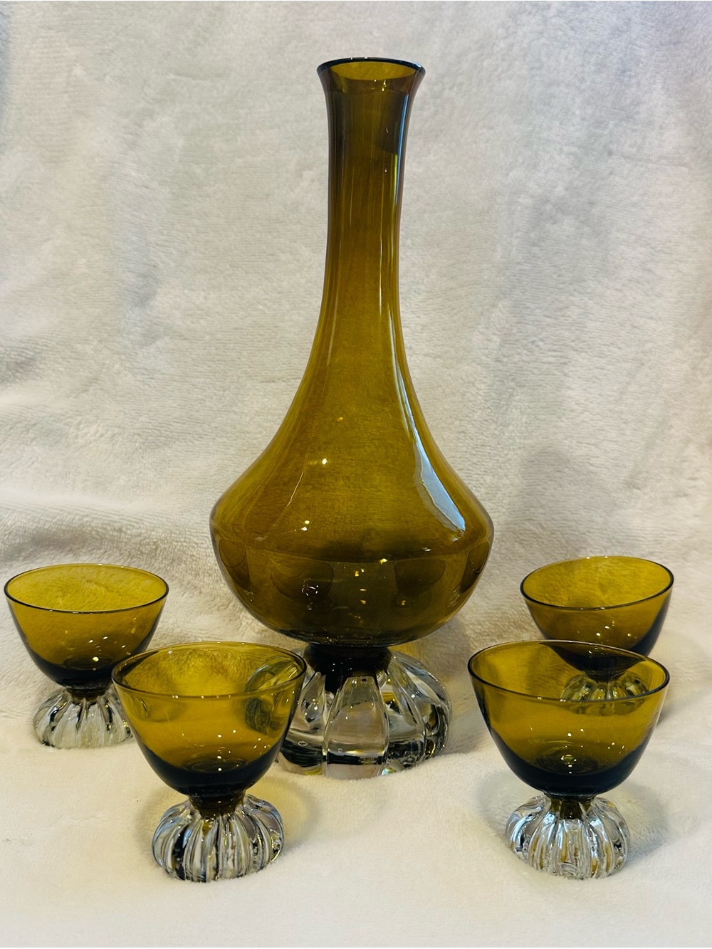 Seda Sweden Vintage Olive Glass Clear Crystal Decanter & 4 Cordial Glasses Sleek